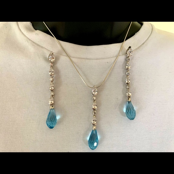 Sterling Silver jewelry set Necklace & long Dangle Earring blue gem stone zircon - Picture 4 of 9